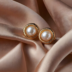 Elegant pearl earrings with gold frame, gracefully adorning a luxurious silk fabric background, evoking sophistication and timeless beauty.