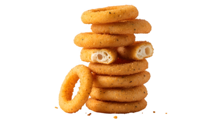 Stack of crispy golden onion rings, a popular fried snack, isolated on transparent background