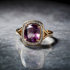 A captivating close-up showcases a luxurious gold ring, adorned with a vibrant amethyst stone and surrounded by sparkling diamonds, resting on a textured, reflective surface. 