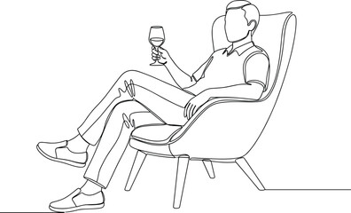 Elegant continuous line drawing of a relaxed man sitting in a modern chair, holding a wine glass, minimalist stylish art illustration