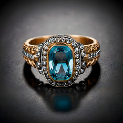 A stunning close-up of an elegant, vintage ring, featuring a dazzling, cushion-cut blue gemstone at its heart, accentuated by intricate gold detailing and sparkling, surrounding accents.