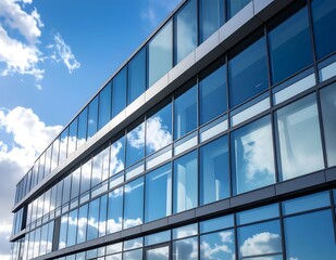 Obraz premium Modern glass commercial building reflecting blue sky clouds — contemporary architecture, corporate design, and urban business environment