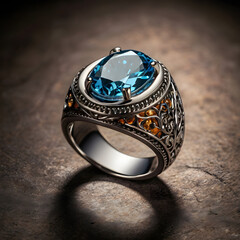 An exquisite close-up of an elegant, jewel-adorned ring showcasing intricate details, capturing its captivating brilliance on a textured surface.