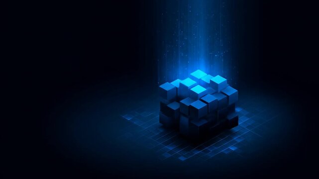 Abstract blue digital data cube with glowing light beam on a dark background, representing technology, blockchain, and AI connection.