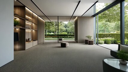 Stylish interior showcases open space, minimalist furniture, and large windows creating a calming atmosphere infused with nature