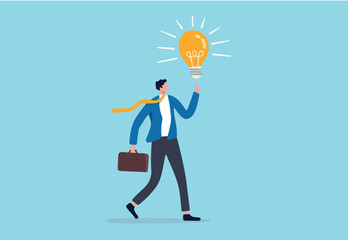 Business idea, businessman company leader got solution to solve business problem or creativity thinking concept, smart businessman holding suitcase thinking and got bright lightbulb lamp on his finger