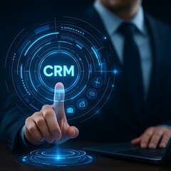 Naklejka premium Businessman Activating CRM Interface for Customer Relationship Management and Sales Automation