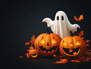 A spooky Halloween social media post template featuring pumpkin and ghost icons, text Happy halloween party with black background, and shopping bags and gift boxes for an special offer or sale event