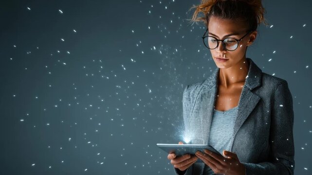 Businesswoman in a gray blazer swiping a tablet, causing blue data rings to spin rapidly outward on an expanding holographic interface. 4k video footage