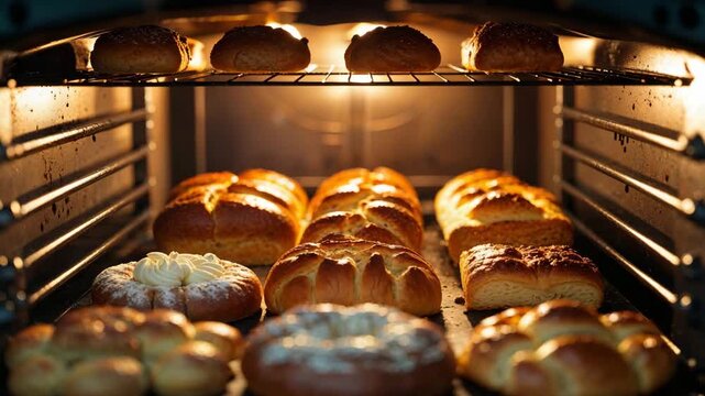 Freshly baked breads and pastries rise beautifully in the oven during early morning baking session