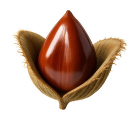 Triangular-shaped beech nut with a glossy shell in a partially open husk.