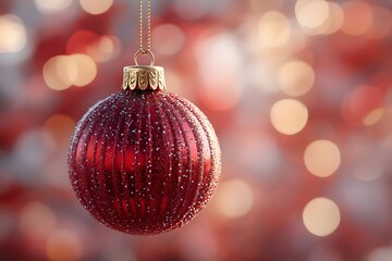Red glitter Christmas bauble with gold cap hanging on a chain, close-up against warm bokeh lights, festive decoration on a soft red background with copy space.