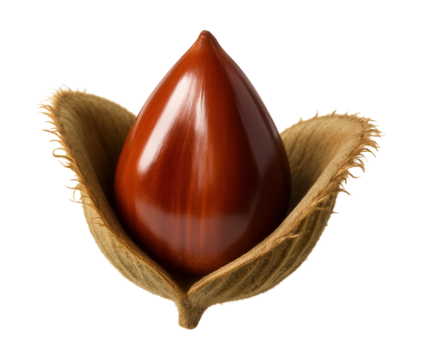 Triangular-shaped beech nut with a glossy shell in a partially open husk.