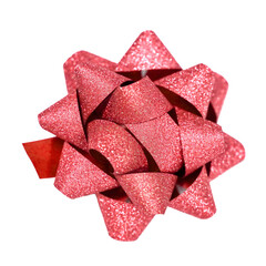 A single, vibrant red star-shaped gift bow covered in sparkling glitter, isolated on a clean white background. Ideal for holiday, celebration, and luxury gift wrapping concepts.