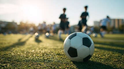 Youthful vigor meets the classic sport. A soccer ball sits on a lush green field, ready for action as players in the background practice under the warm glow of the setting sun.