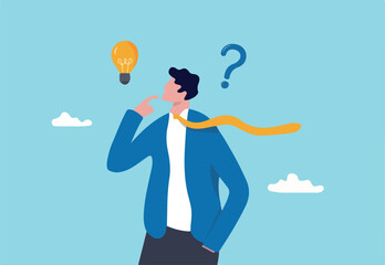 Solution to solve problem, asking question and answer, discover idea, solving business difficulty concept, thoughtful businessman think of solution to solve problem with lightbulb and question mark.