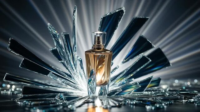 Luxury perfume bottle surrounded by dramatic shards of glass, 4k video