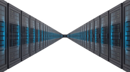 Rows of server racks with blue lights receding into darkness isolated on a transparent background