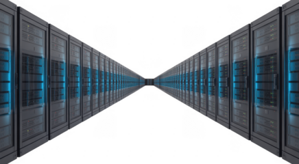 Rows of server racks with blue lights receding into darkness isolated on a transparent background