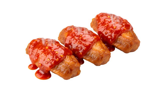 Delicious hot chicken wings coated in vibrant red sauce, ready to eat, isolated on transparent background