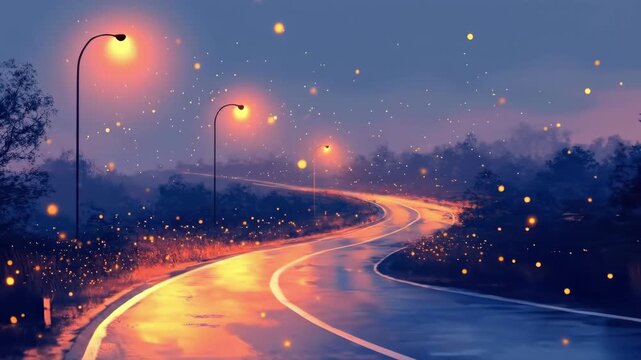 Serene night road with glowing light orbs and lamp posts amidst lush trees