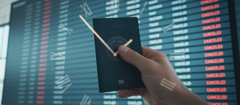 Hand holding a passport with a clock graphic superimposed, symbolizing expiring travel documents or lost time, against a background of a departure board showing multiple canceled flights