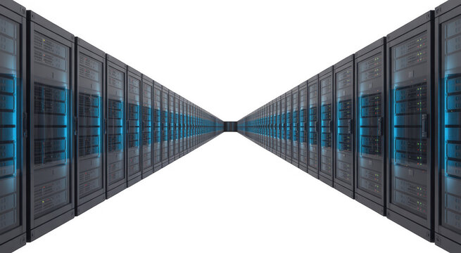Rows of server racks with blue lights receding into darkness isolated on a transparent background