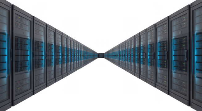 Rows of server racks with blue lights receding into darkness isolated on a transparent background