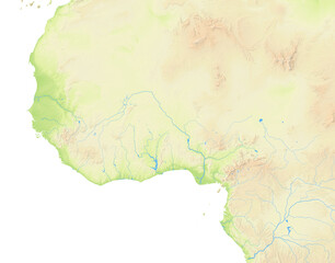 Naklejka premium Map of West Africa showing the isolated landmasses with relief representation, rivers, lakes. No boundaries. No labels at all.