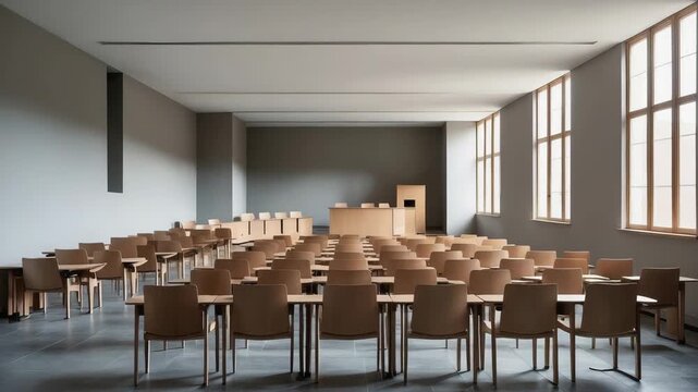 Classroom setup with multiple wooden chairs and tables, bright windows, and a simple design