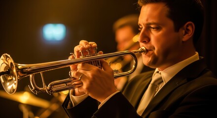 Caucasian male trumpet player performing in jazz band performance