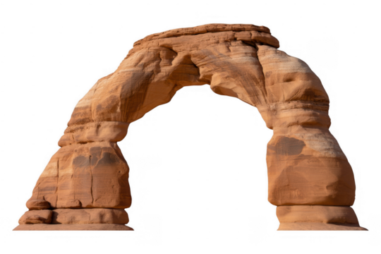 Sandstone rock arch formation with layered strata isolated on a transparent background