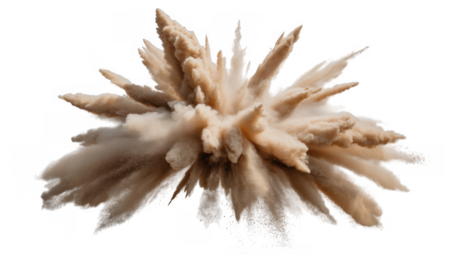 Sand explosion with particles and dust clouds isolated on a transparent background