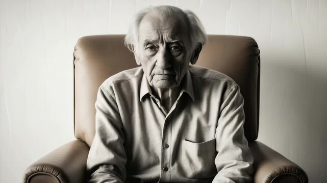Emotional moment of an elderly man in a chair expressing feelings of sadness and reflection in a dimly lit room