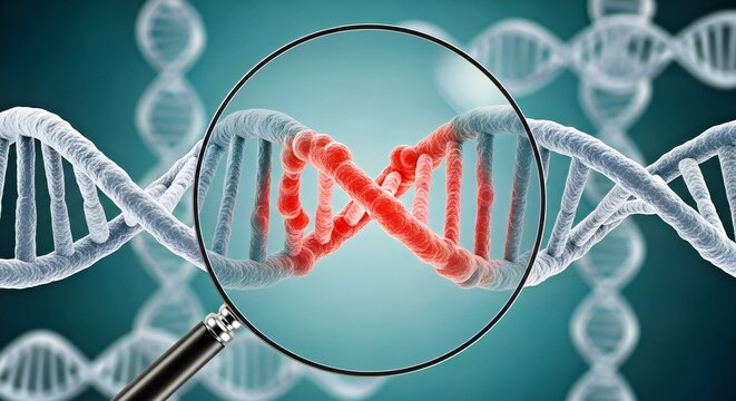 Close-up of DNA Double Helix with Magnifying Glass Highlighting Specific Red Strands - Powered by Adobe