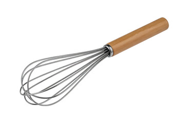 Silver wire whisk with light brown wooden handle isolated on a transparent background