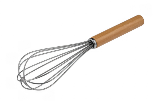 Silver wire whisk with light brown wooden handle isolated on a transparent background