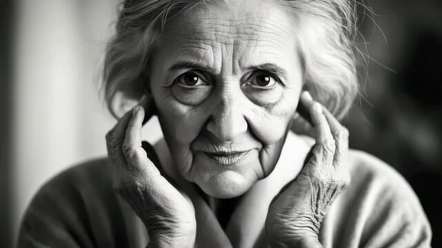 Elderly woman shows deep emotion while reflecting in a quiet, warm space during an intimate moment of contemplation