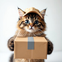 Cute kitten in cap holds parcel box. Animal delivers small gift package. Fluffy pet with blue eyes and brown fur carries order. Funny cat courier on white background.