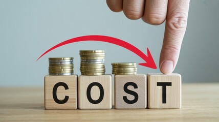Human finger points to a downward trending red arrow above wooden blocks spelling the word cost with decreasing stacks of metal currency
