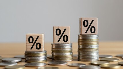 Stacks of metal currency increase in height topped with wooden blocks displaying the percentage symbol
