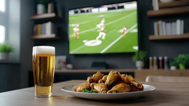 Gathering with friends to savor delicious chicken wings and cold beer while watching an exciting rugby match unfolds on the screen