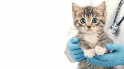 A veterinarian gently examines a kitten, providing comfort during a health check. The environment is caring and professional