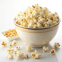 Freshly popped popcorn overflowing from a beautiful bowl, tempting treat for movie night, snack time, or fun gatherings, inviting and delicious