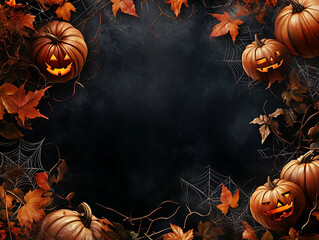 A spooky Halloween social media post template featuring pumpkin and halloween elements, black background, banner design with large copy space at the top right corner