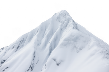 Snow covered mountain peak with sharp ridges and dark shadows isolated on a transparent background