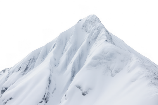 Snow covered mountain peak with sharp ridges and dark shadows isolated on a transparent background