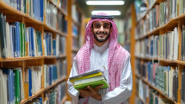 Young man smiling while holding books in a library in Saudi Arabia during daytime