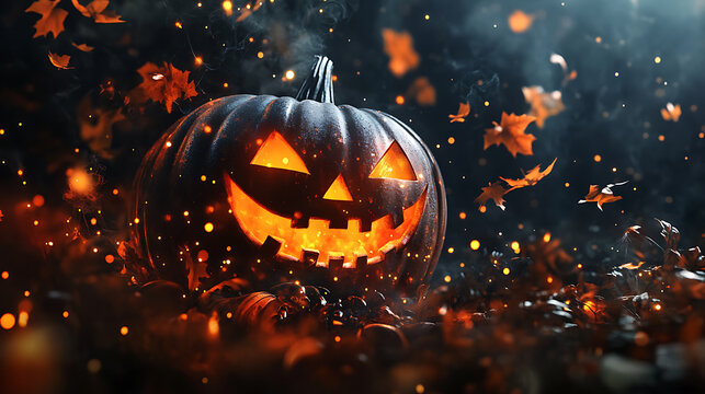 A spooky Halloween social media post template featuring pumpkin and halloween elements, black background, banner design with large copy space at the top right corner