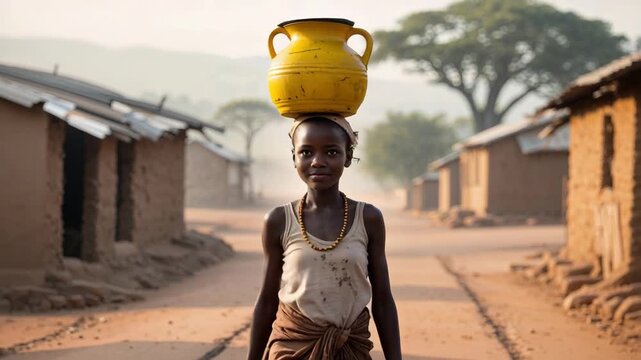 Young girl carries yellow water pot on her head through village pathways during early morning light